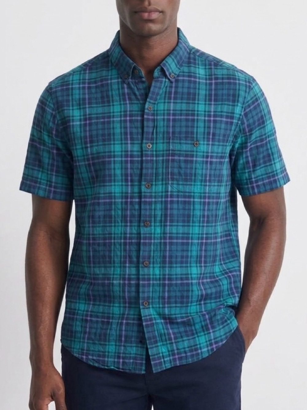 Michael Bastian Men’s Plaid Short Sleeve Button Down Shirt Teal Navy Purple L